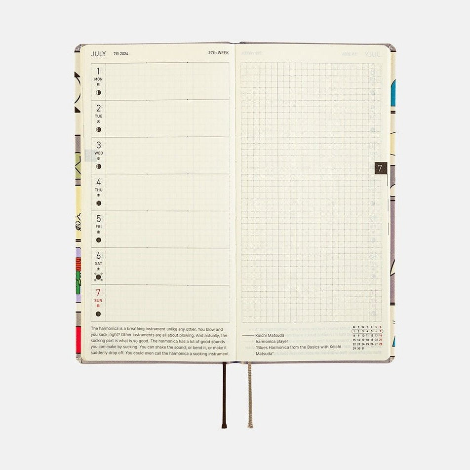 Open Hobonichi Techo 2024 Weeks planner with July grid and comic art spine