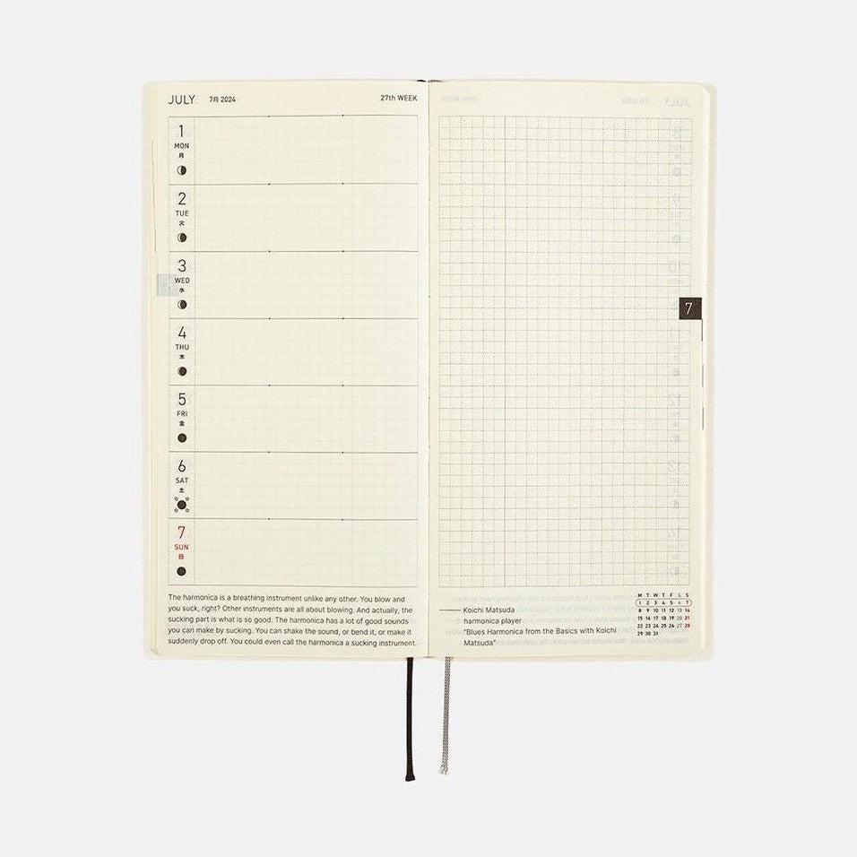 July 2024 Hobonichi Techo weekly layout with red Sunday highlight and grid notebook section