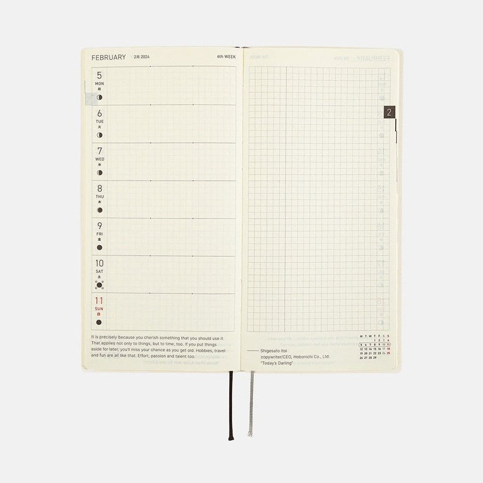 February 2024 Hobonichi Techo open spread featuring weekly calendar and grid notebook pages