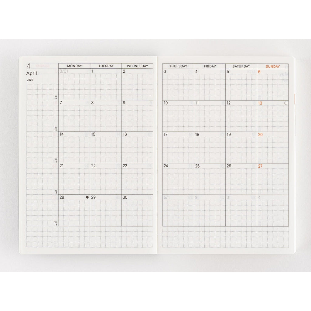 Hobonichi Techo 2025 weekly layout spread with Sunday highlighted in orange and week numbers