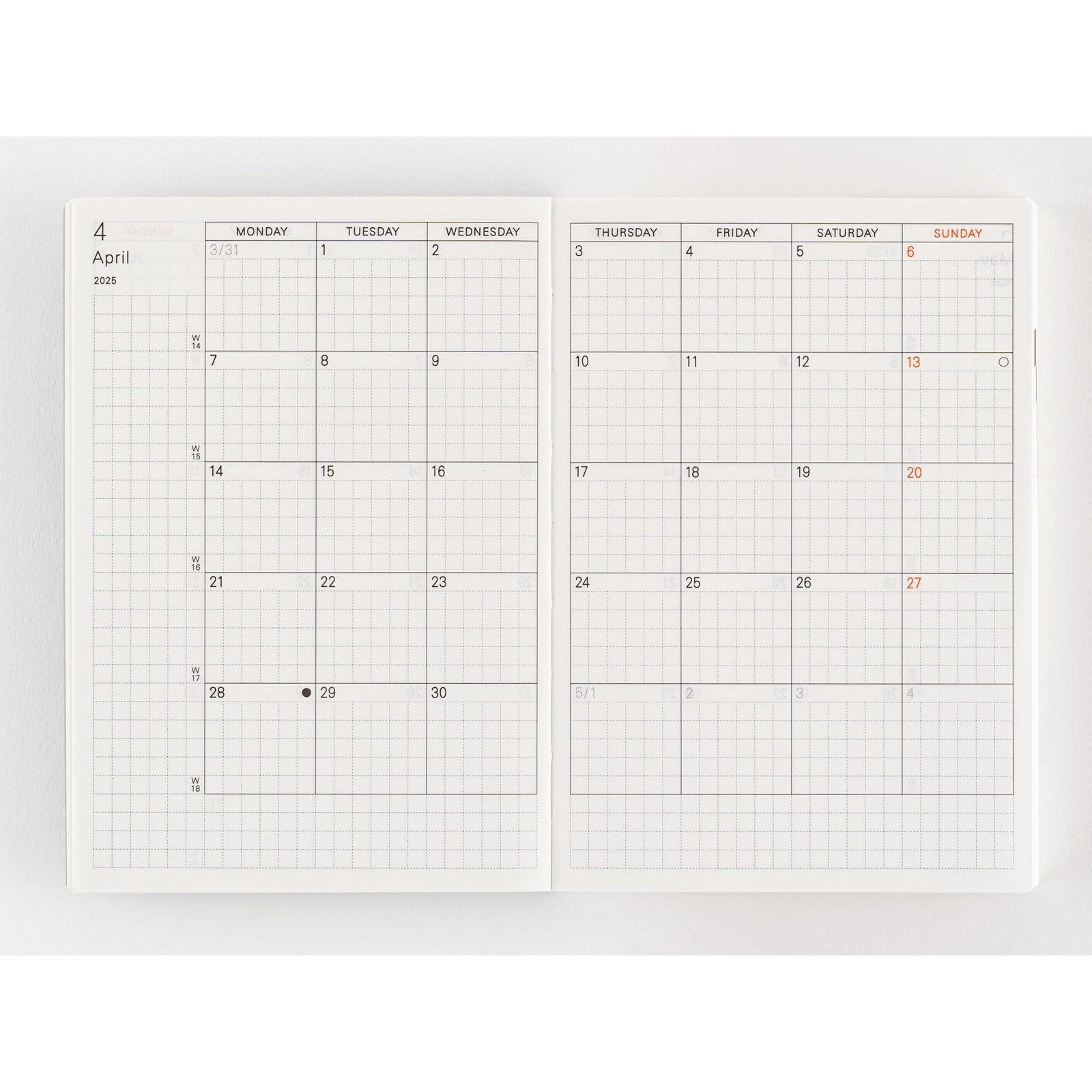 Hobonichi Techo 2025 weekly layout spread with Sunday highlighted in orange and week numbers