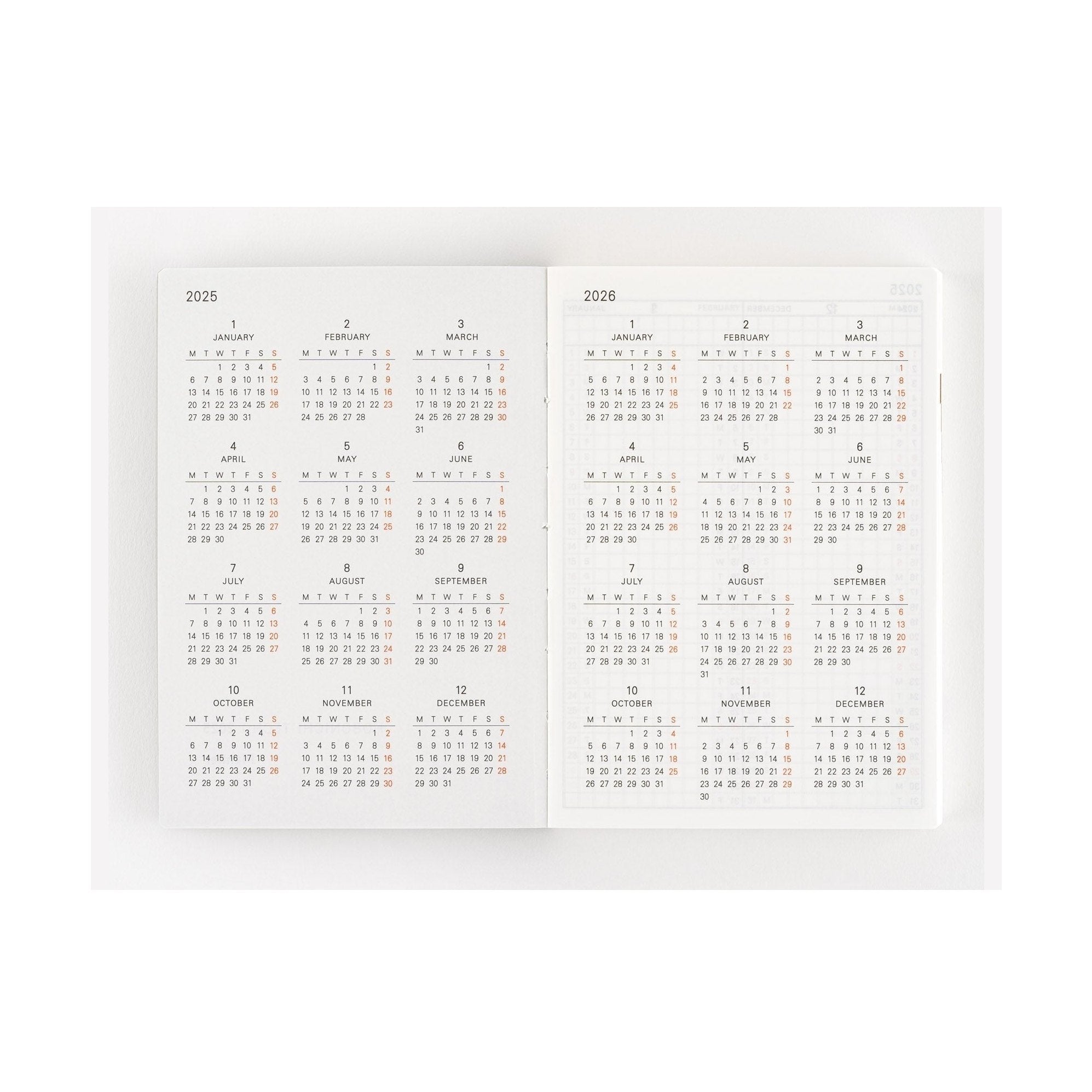 Hobonichi Techo 2025 A6 annual calendar overview with red weekend highlights and grid layout