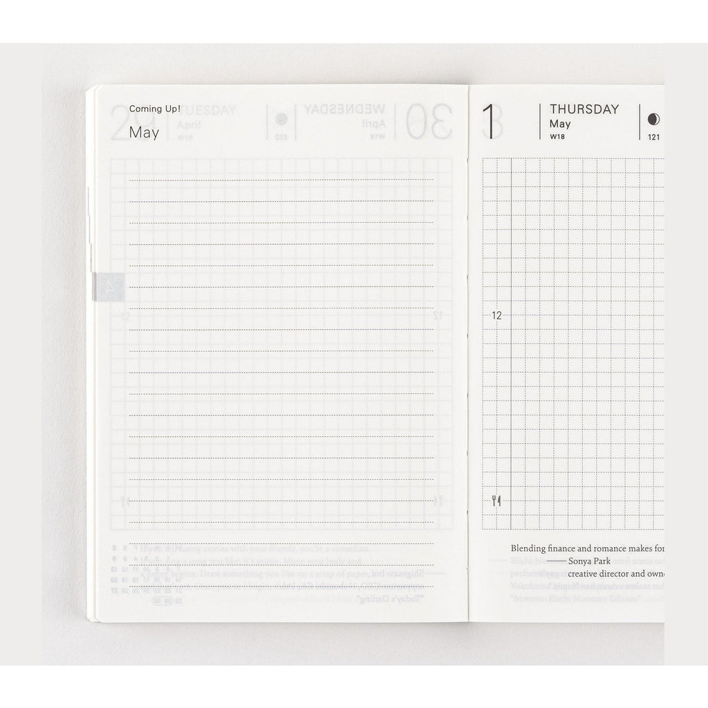 Hobonichi Techo 2025 English daily planner open spread with grid layout and Monday start