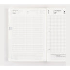 Hobonichi Techo 2025 English daily planner open spread with grid layout and Monday start
