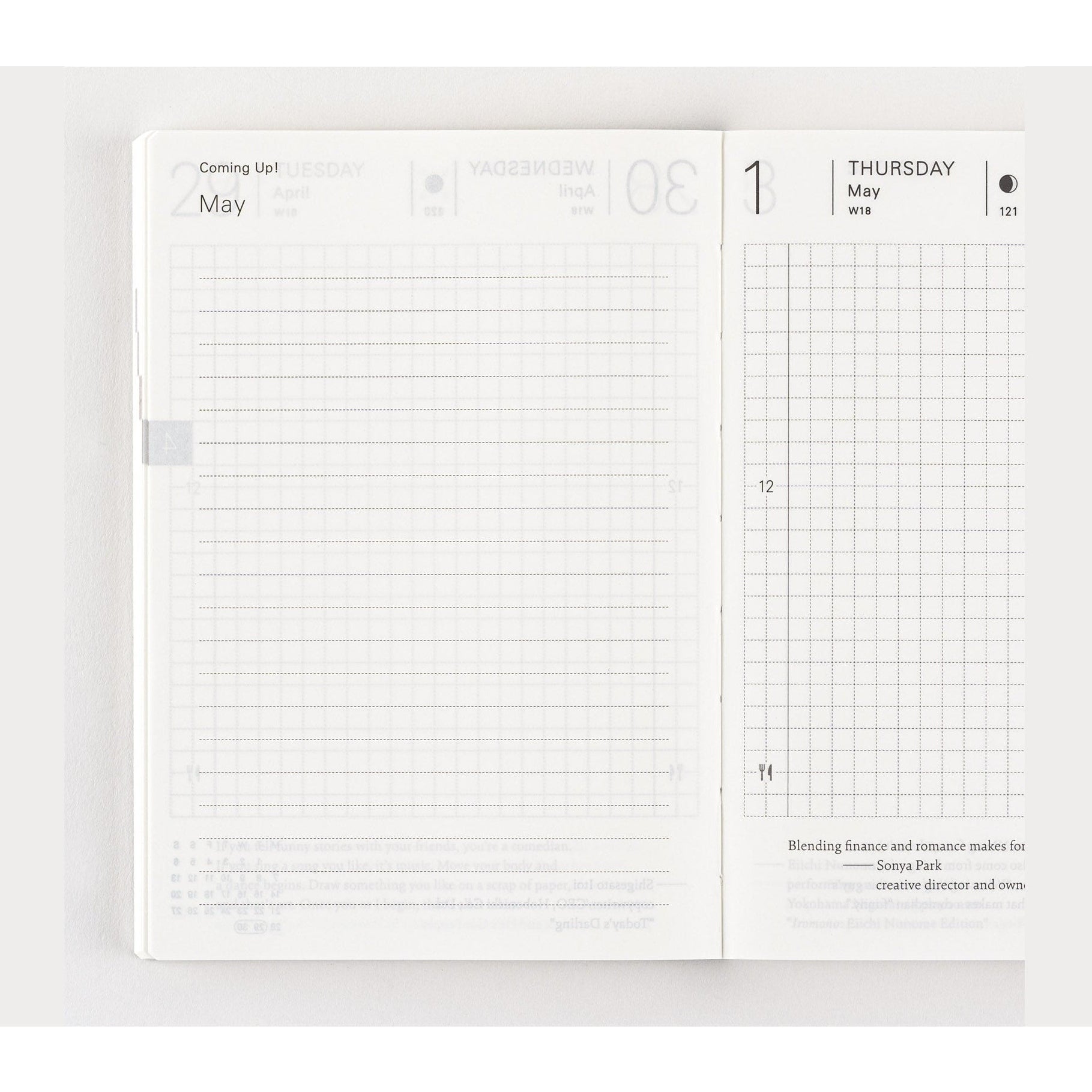 Hobonichi Techo 2025 English daily planner open spread with grid layout and Monday start