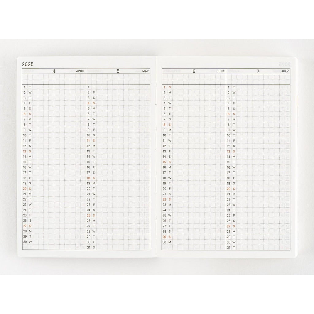 Hobonichi Techo 2025 April to July daily grid spread with abbreviated day letters and red weekends