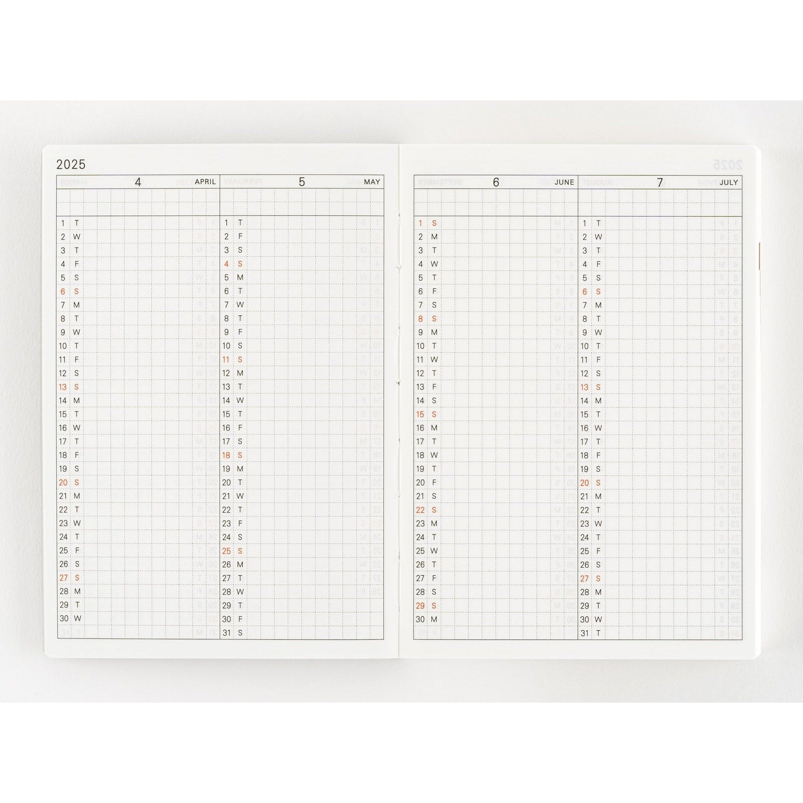 Hobonichi Techo 2025 April to July daily grid spread with abbreviated day letters and red weekends
