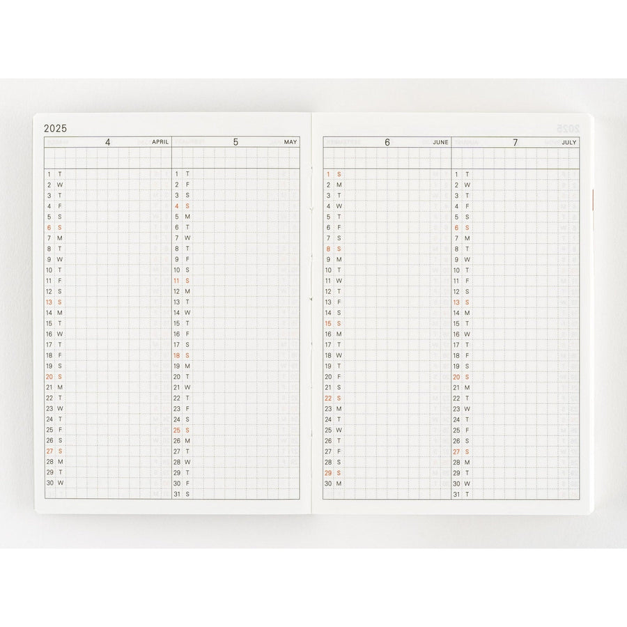 Hobonichi Techo 2025 April to July daily grid spread with abbreviated day letters and red weekends