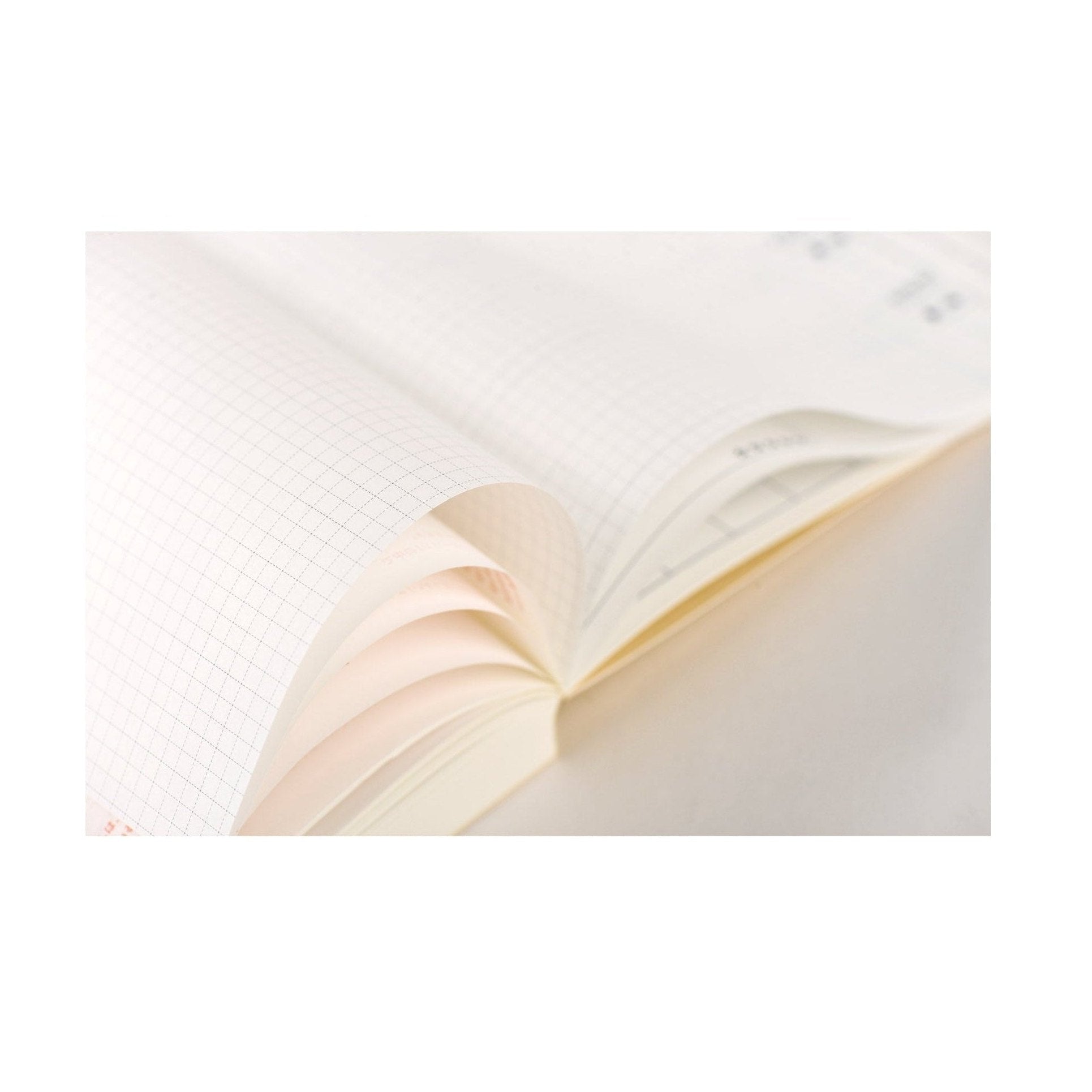 Cream-colored Hobonichi Techo 2025 pages with fine black dot grid pattern and curled edges