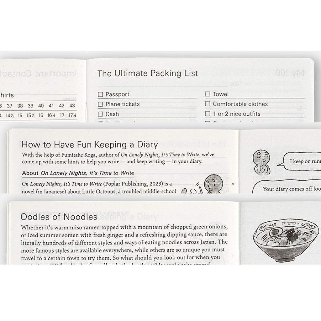 Hobonichi Techo 2025 bonus pages featuring packing list, diary tips, and noodle illustration