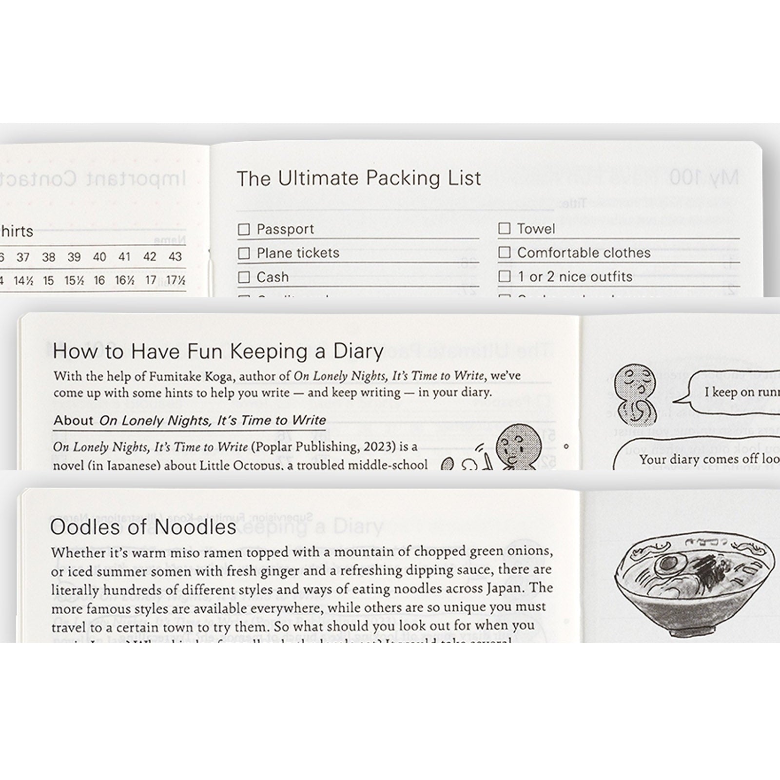 Hobonichi Techo 2025 bonus pages featuring packing list, diary tips, and noodle illustration