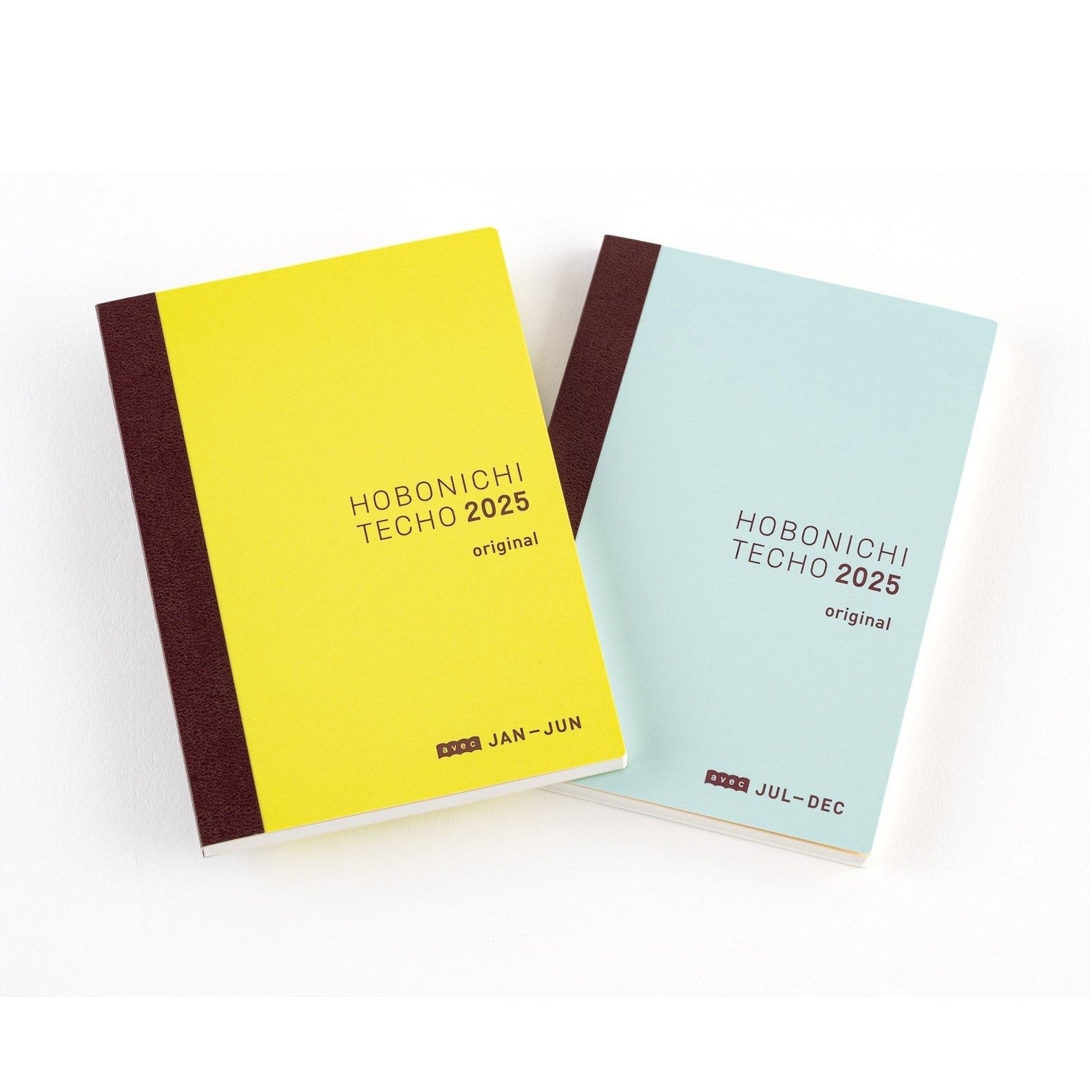 Hobonichi Techo 2025 A6 Avec two-book set in yellow and blue covers for Jan-Dec