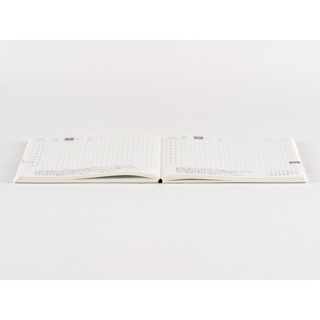 Hobonichi Techo 2025 flat lay view of daily grid pages with purple date markers