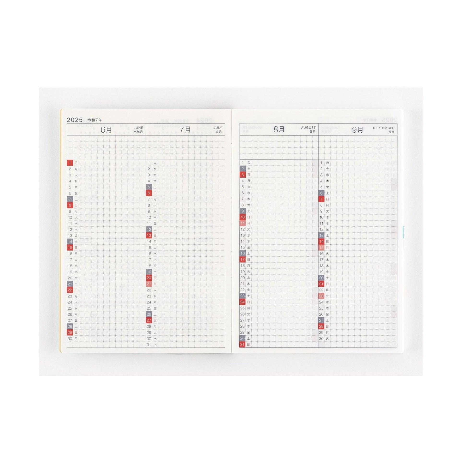 Hobonichi Techo 2025 three-month calendar layout for June July August 2025