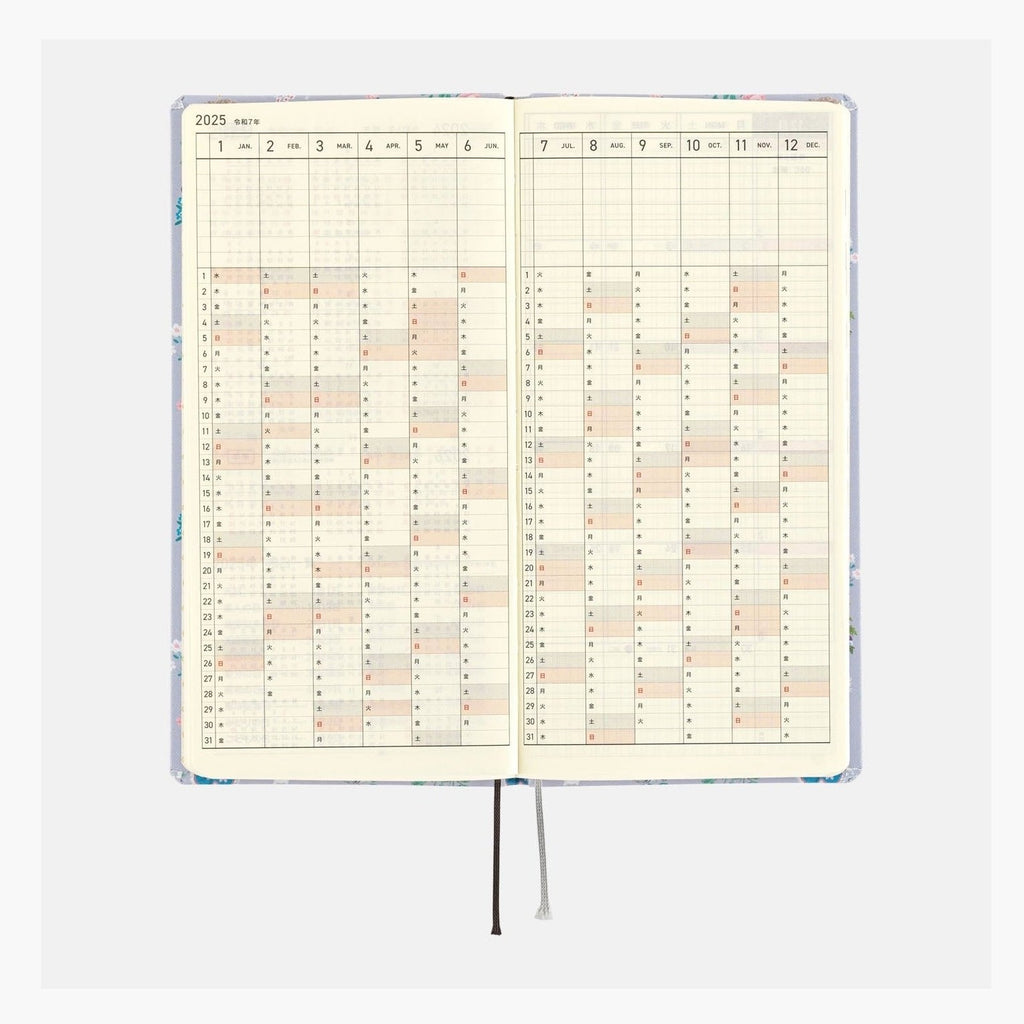 Hobonichi Techo 2025 Weeks planner showing full year calendar grid with Japanese dates and ribbon bookmark