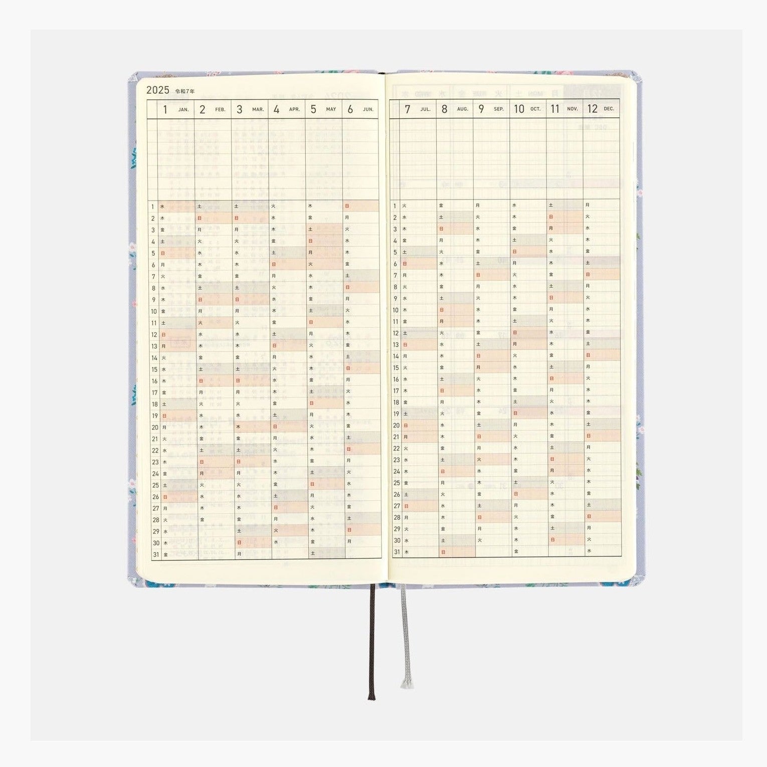 Hobonichi Techo 2025 Weeks planner showing full year calendar grid with Japanese dates and ribbon bookmark