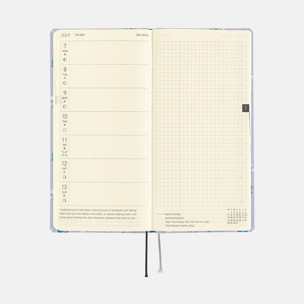 Hobonichi Techo 2025 Weeks July planner spread with daily schedule column and blank note grid