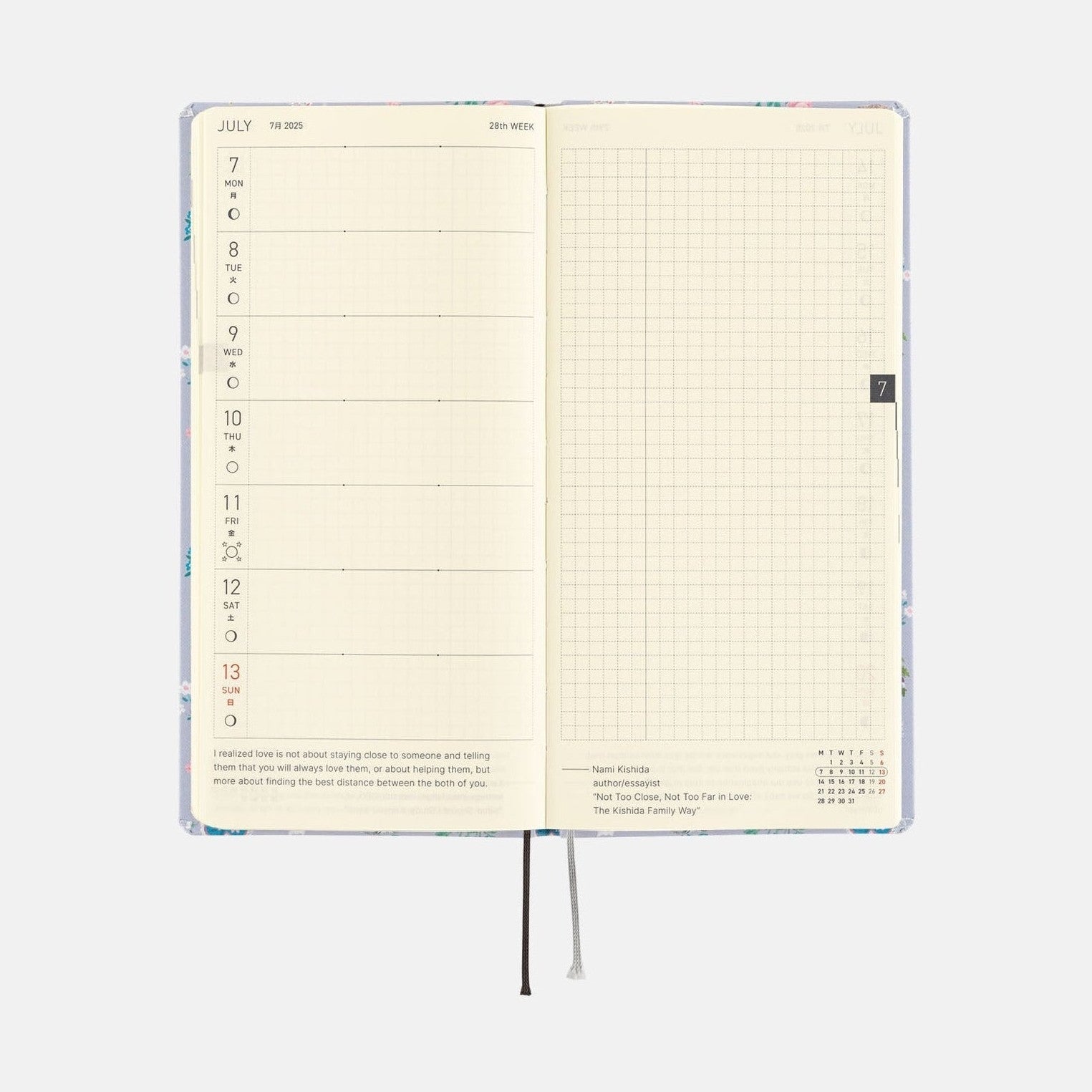 Hobonichi Techo 2025 Weeks July planner spread with daily schedule column and blank note grid