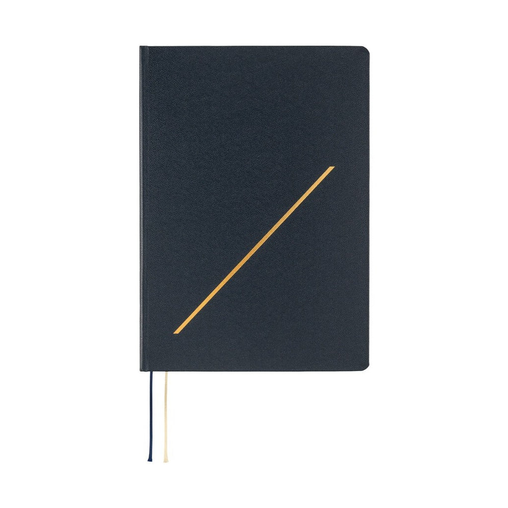 Navy Hobonichi Techo 2026 A5 planner front view showing diagonal gold foil line and dual ribbon bookmarks