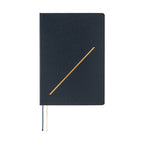 Navy Hobonichi Techo 2026 A5 planner front view showing diagonal gold foil line and dual ribbon bookmarks