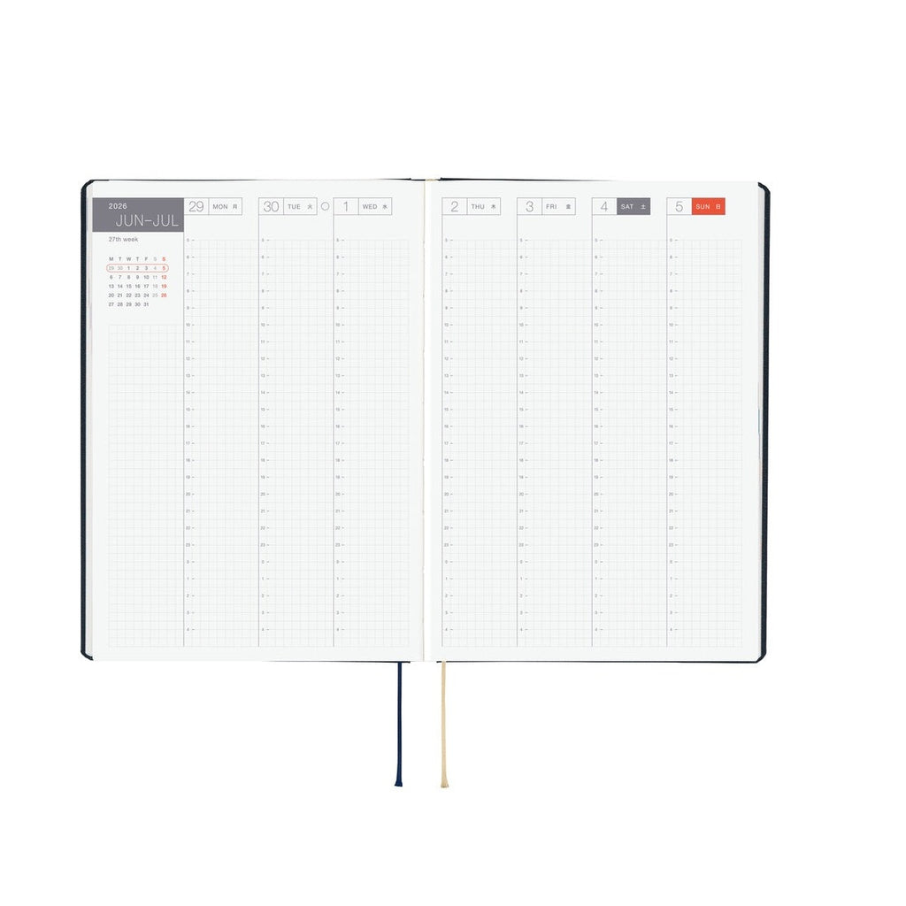 Weekly layout spread in navy Hobonichi Techo 2026 A5 planner with day columns and weekend highlights