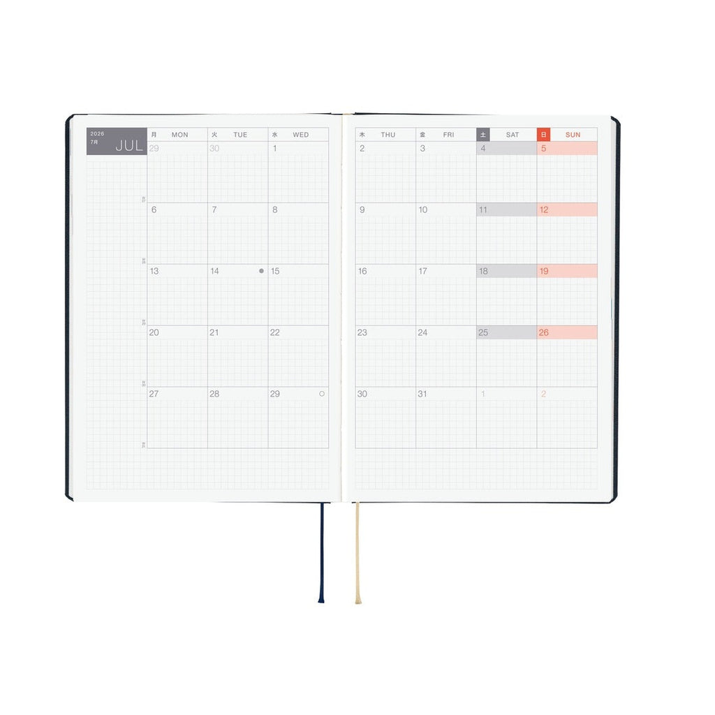 July 2026 monthly calendar page in Hobonichi Techo A5 planner with English day labels and color-coded weekends