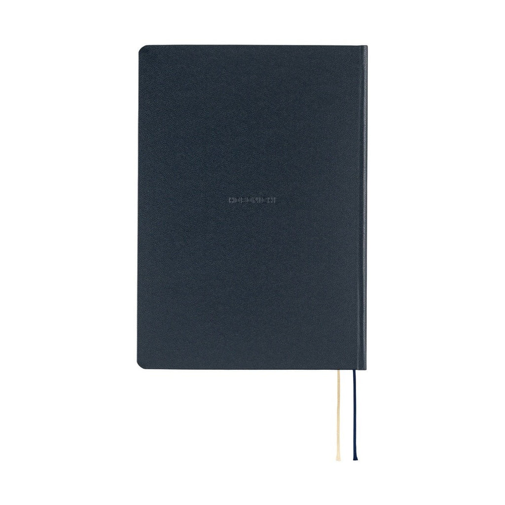 Back view of navy Hobonichi Techo 2026 A5 planner with embossed title and textured matte cloth finish