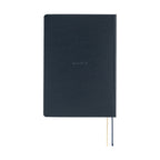 Back view of navy Hobonichi Techo 2026 A5 planner with embossed title and textured matte cloth finish