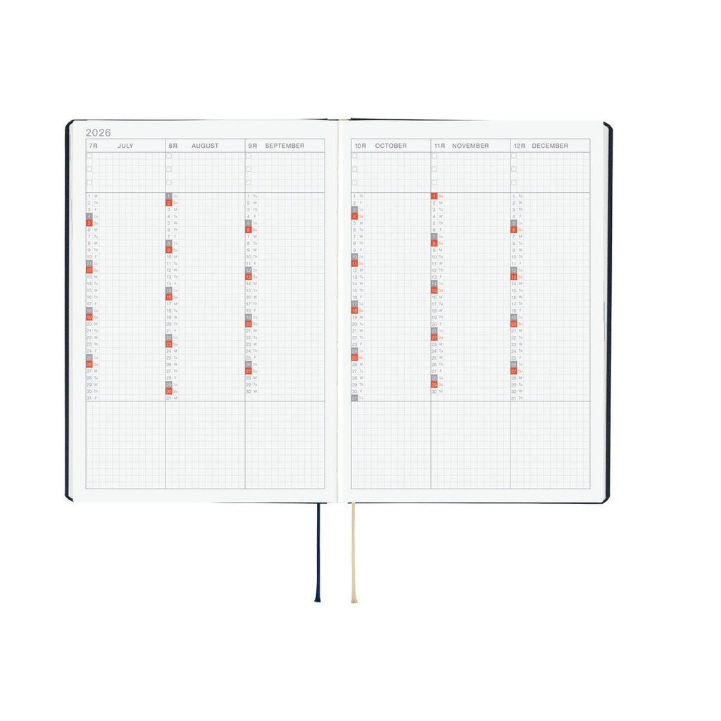 2026 yearly calendar spread in Hobonichi Techo A5 planner showing summer months with grid layout