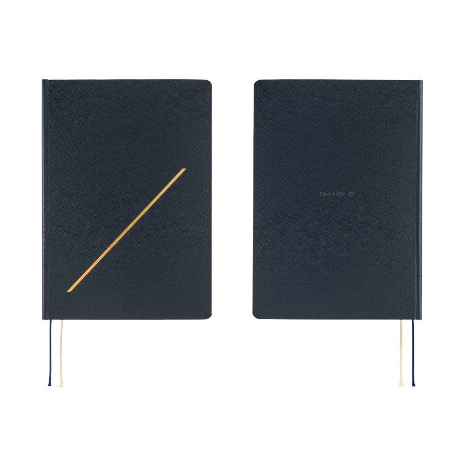 Side-by-side comparison of front and back covers on navy Hobonichi Techo 2026 A5 planner with gold foil accents