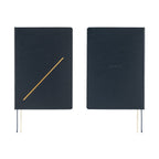 Side-by-side comparison of front and back covers on navy Hobonichi Techo 2026 A5 planner with gold foil accents