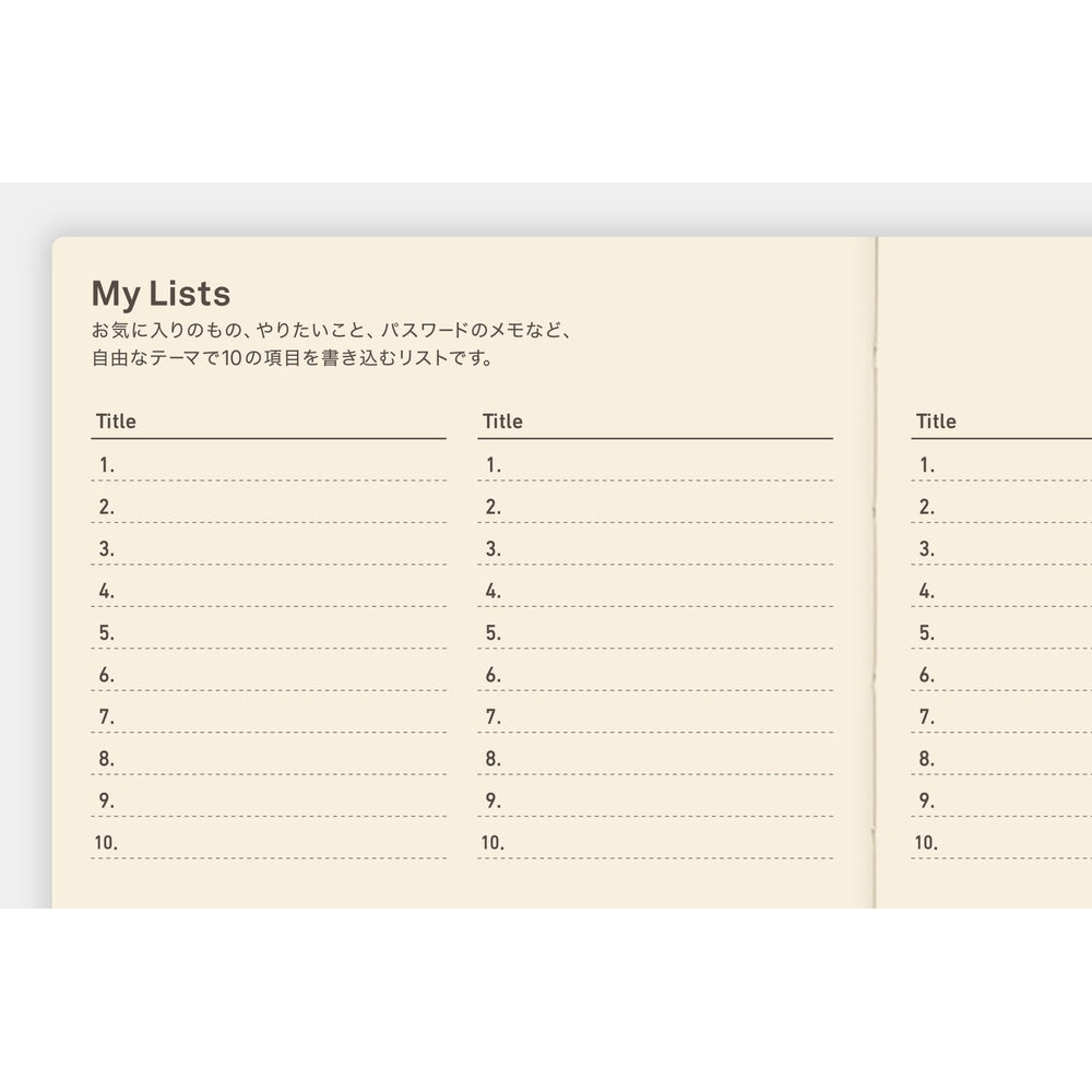Hobonichi Techo My Lists page with three-column numbered entry layout