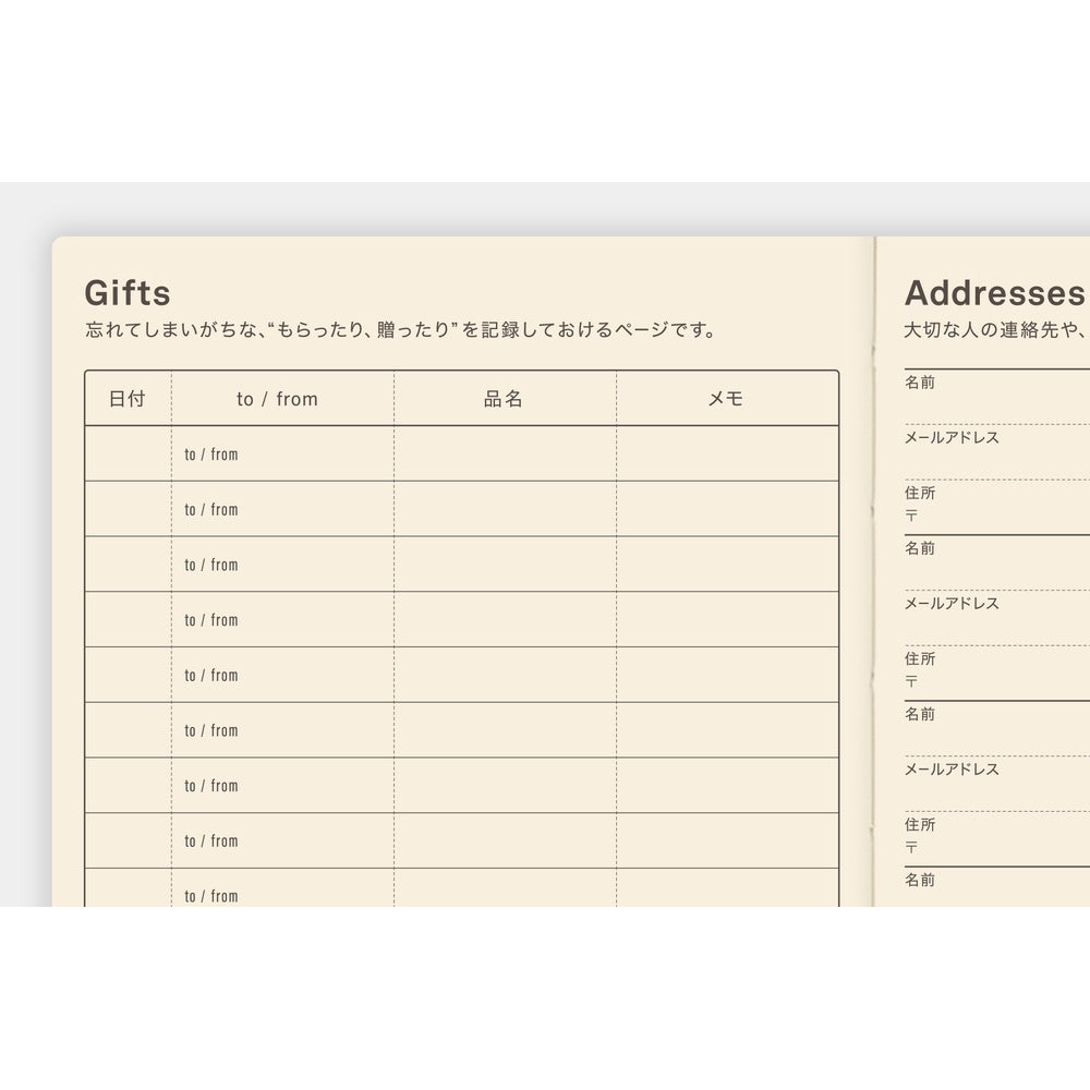 Hobonichi Techo Gifts and Addresses tracker page with Japanese labels