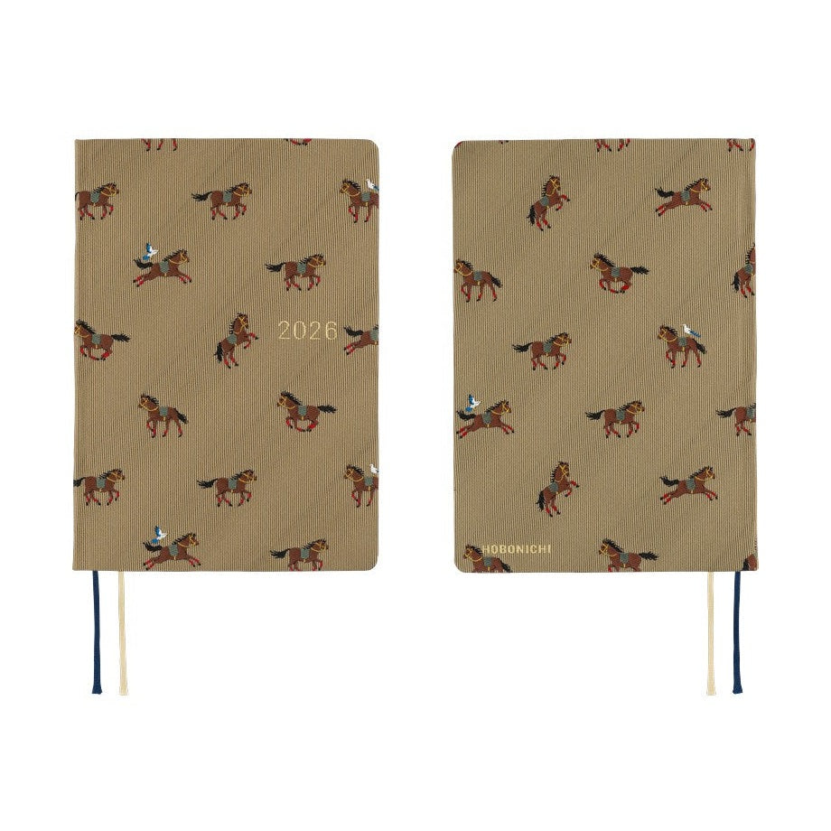Hobonichi Techo 2026 A6 diary with beige woven horse cover and gold lettering