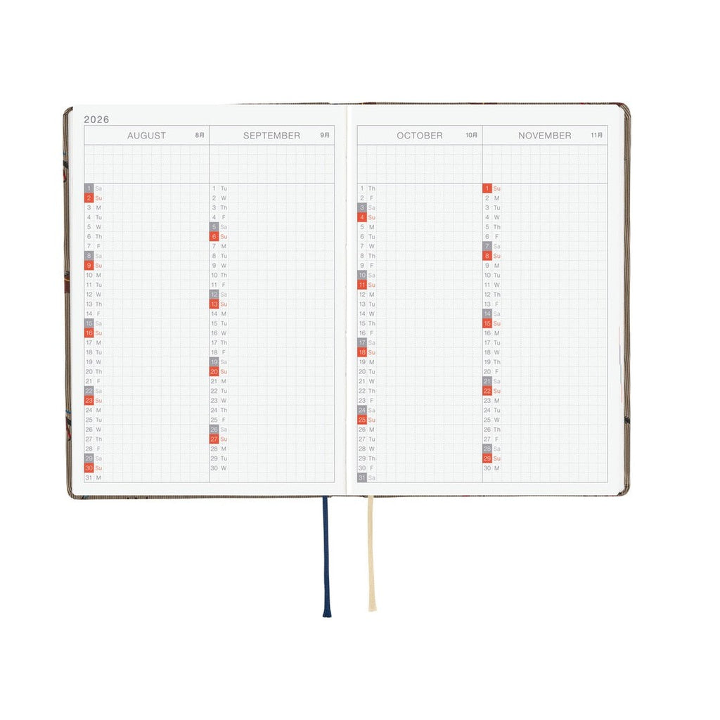 Four-month overview spread in Hobonichi 2026 A6 diary showing August to November
