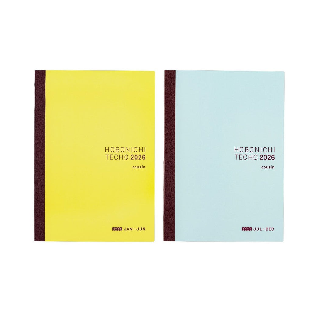 Hobonichi Techo 2026 Cousin A5 two-book set featuring yellow Jan-Jun and blue Jul-Dec covers