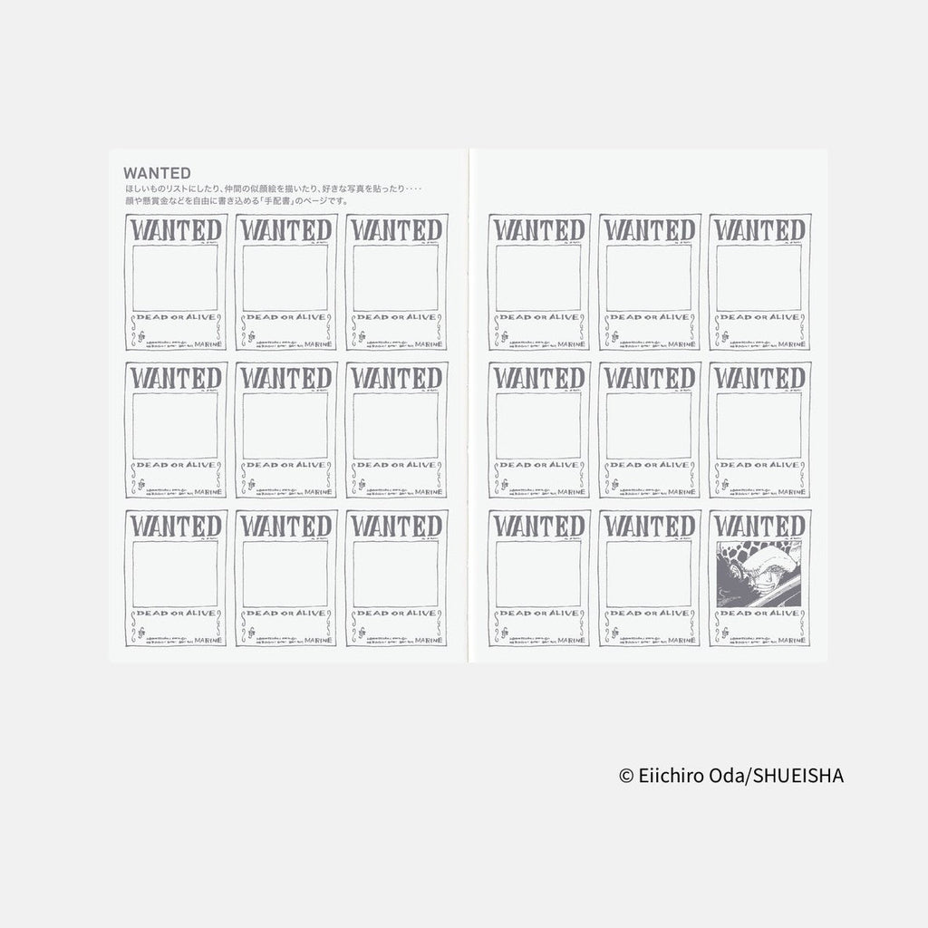 Wanted poster grid inside Hobonichi Techo 2026 One Piece planner with Marine Dead or Alive design