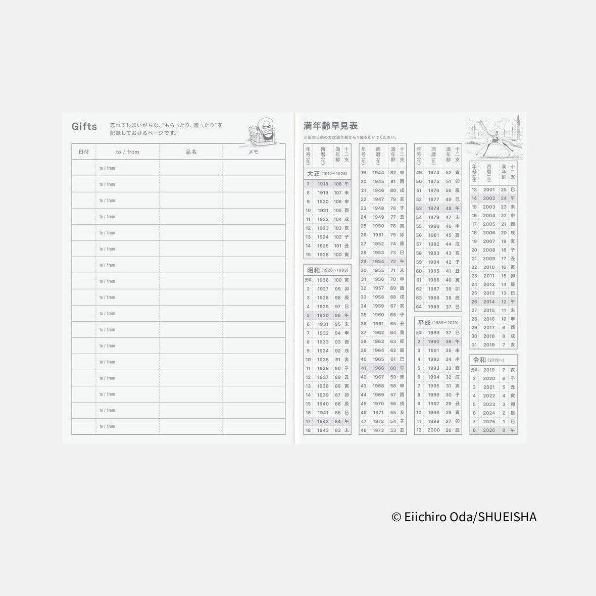 Gift log and age reference table spread in Hobonichi Techo 2026 planner with character illustration