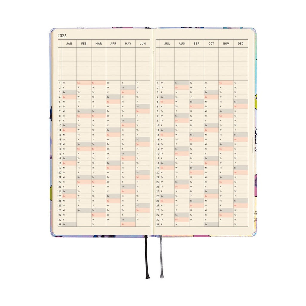 Hobonichi Techo 2026 yearly overview calendar with monthly grids and weekend shading