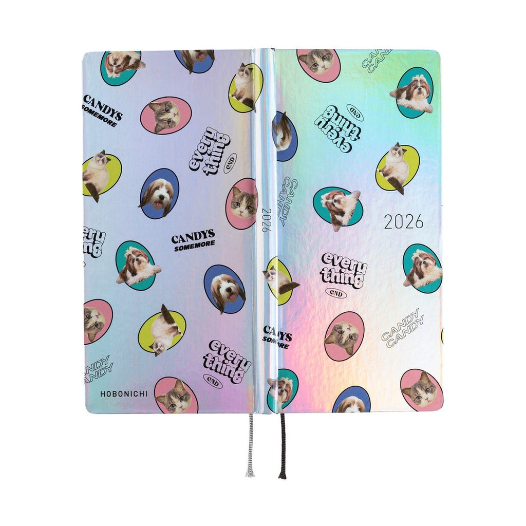 Candy Stripper Hobonichi 2026 diary cover with iridescent aurora finish and dog cat collage