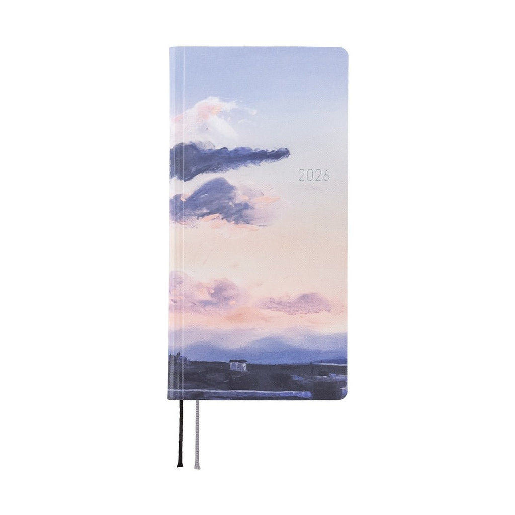 Hobonichi Techo 2026 Weeks ENG front cover featuring purple and pink cloud landscape with rounded corners