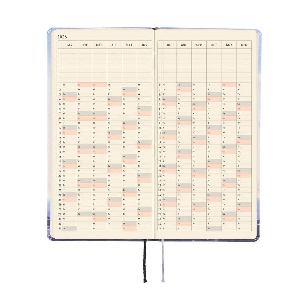 Hobonichi Techo 2026 Weeks ENG planner open showing weekly grid layout with cream paper and ribbon bookmark