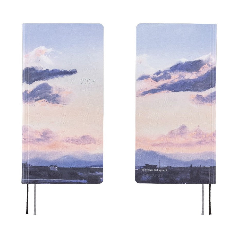 Hobonichi Techo 2026 Weeks ENG front and back cover view with coastal landscape and elastic band closure