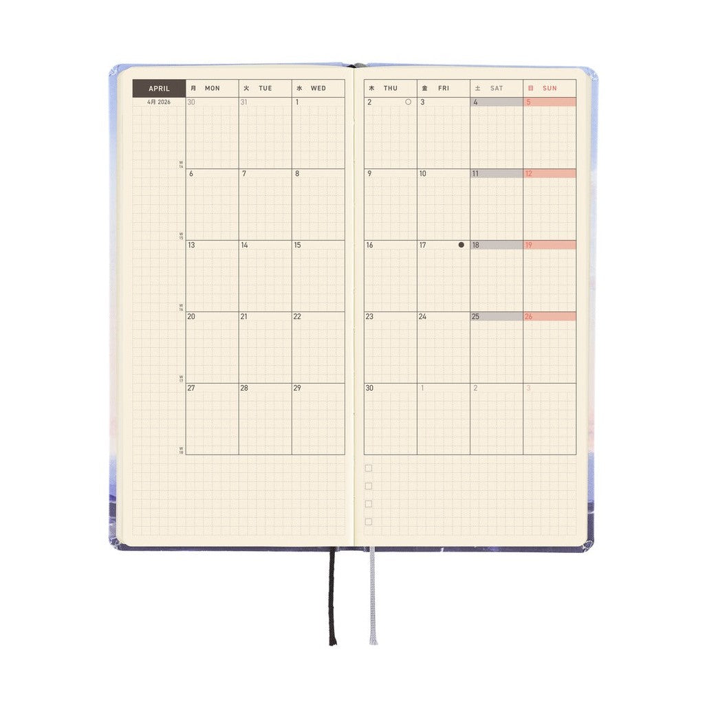 Hobonichi Techo 2026 Weeks ENG April weekly spread with Japanese and English day labels and colored date blocks