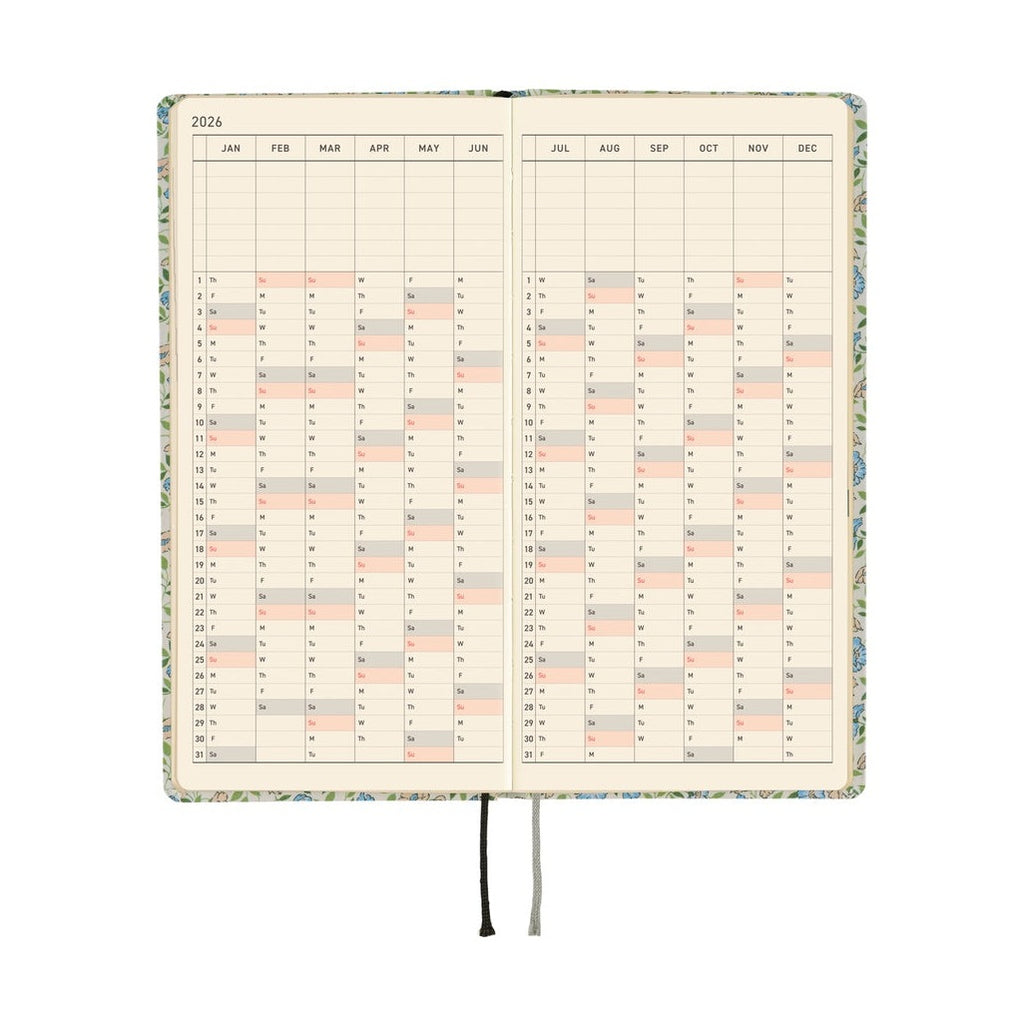 Hobonichi Techo 2026 Weeks ENG Liberty Sasha Kiora open weekly planner grid layout with floral cover