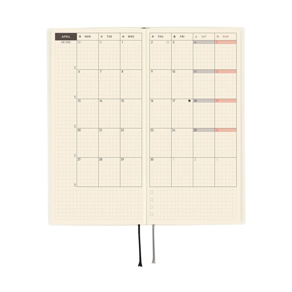 Hobonichi Techo 2026 two-page weekly calendar spread color-coded weekends