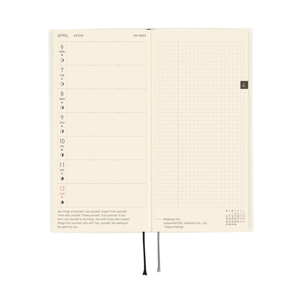 Hobonichi Techo 2026 weekly planner spread English Japanese layout with dot grid