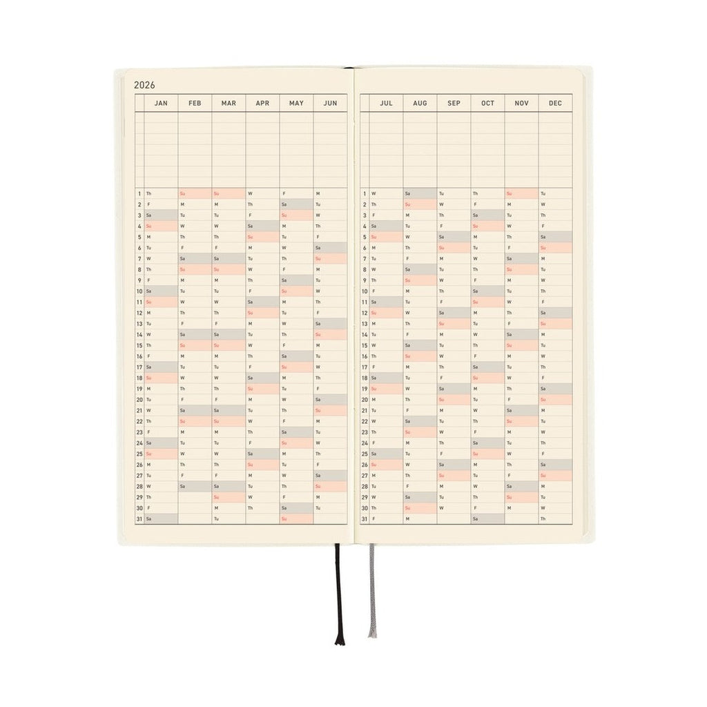 Hobonichi Techo 2026 yearly overview planner spread monthly grid layout