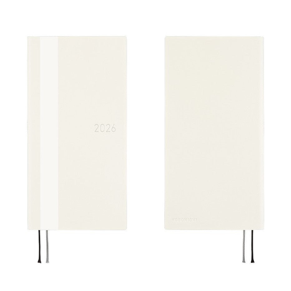 Hobonichi Techo 2026 Weeks ivory diary front and back cover view with ribbons