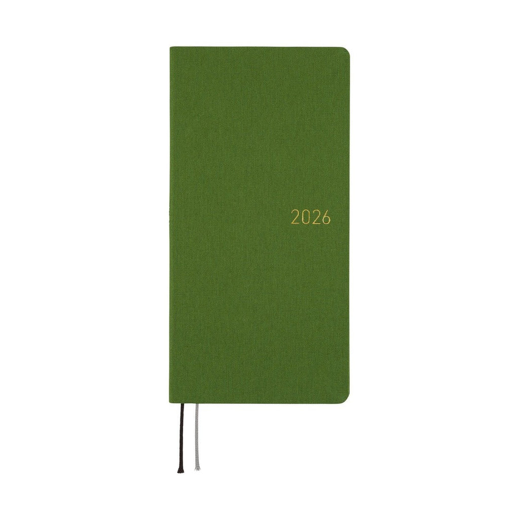 Upright Hobonichi Techo 2026 Weeks MEGA ENG diary featuring antique green cover and gold foil accents